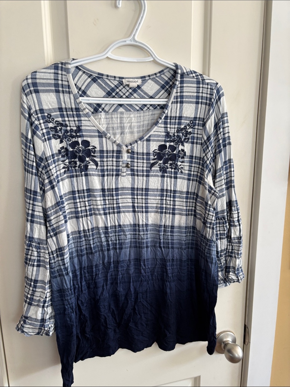 Westport Navy and White Plaid Ombre Henley with Embroidered Floral Detail